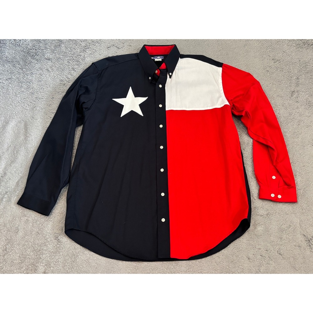 Texas Cotton Mens Lone Star Flag Button Down Shirt Red Black White Star M/L USA